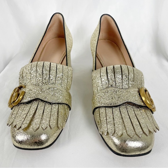 Gucci Marmont Fringe Metallic Leather Loafer Pumps Gold - Picture 5 of 10